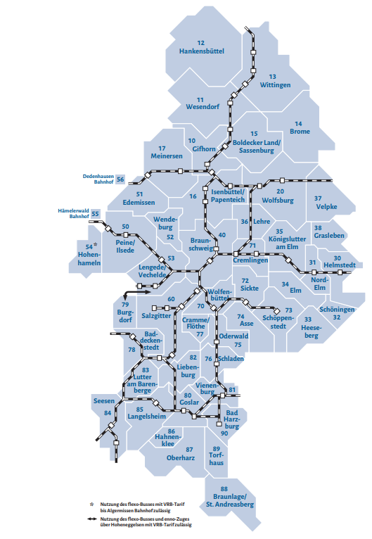 Zeigt einen grob aufgelösten Zonenplan des Braunschweiger Verkehrsverbundes. Gezeigt werden Zonen, wichtige Haltestellen und Verbindungen.