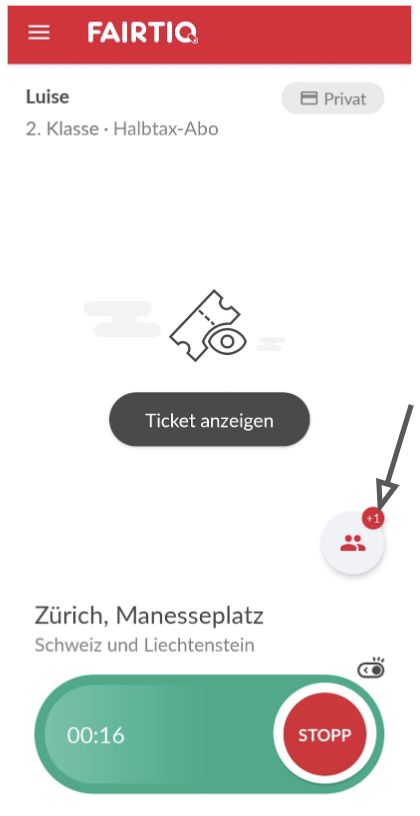 Ein Pfeil weist auf die Schaltfläche zum Hinzufügen eines Mitreisenden hin, die sich auf der rechten Seite direkt über der Schaltfläche befindet, mit der Sie eine Reise starten können.