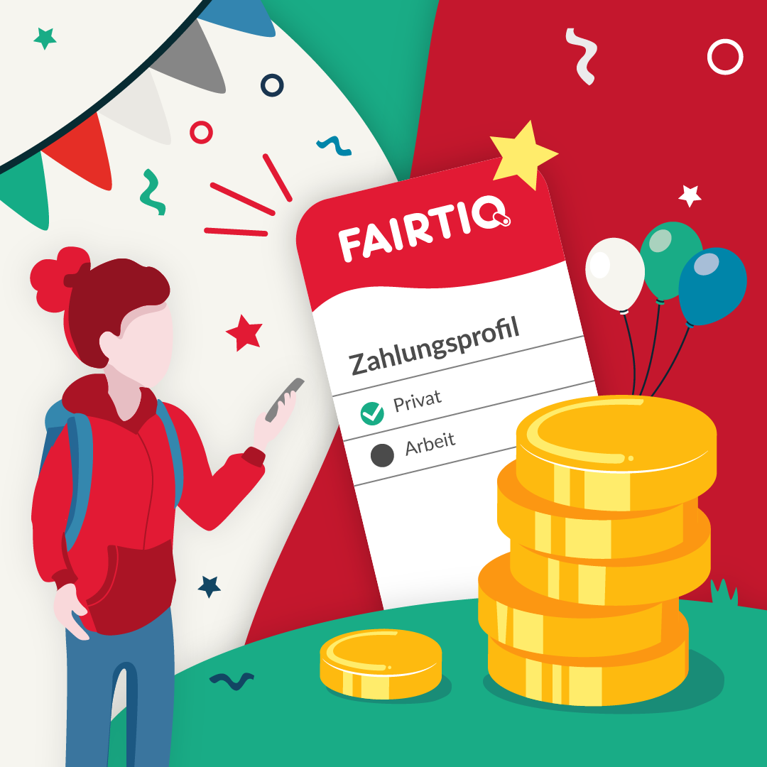 Un utilisateur satisfait célèbre son bonus FAIRTIQ. Un affichage avec les deux profils de paiement est montré.