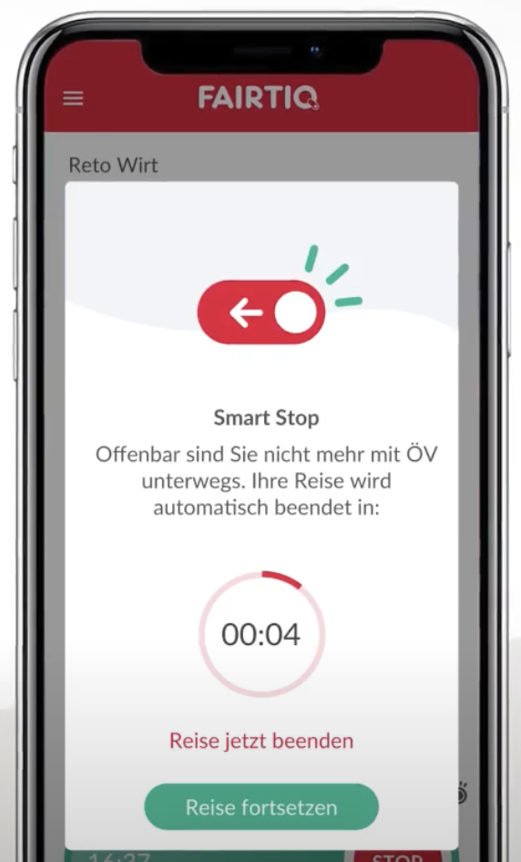 Affiche le message de Smart-Stop indiquant que le voyage en cours sera automatiquement terminé dans les 5 minutes. Deux boutons permettent de terminer le voyage plus tôt ou d'interrompre le Smart-Stop.