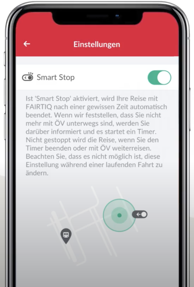Affiche la vue des paramètres du Smart-Stop, qui contient un bouton pour l'activer ou le désactiver, une brève description et une image pour l'illustrer.