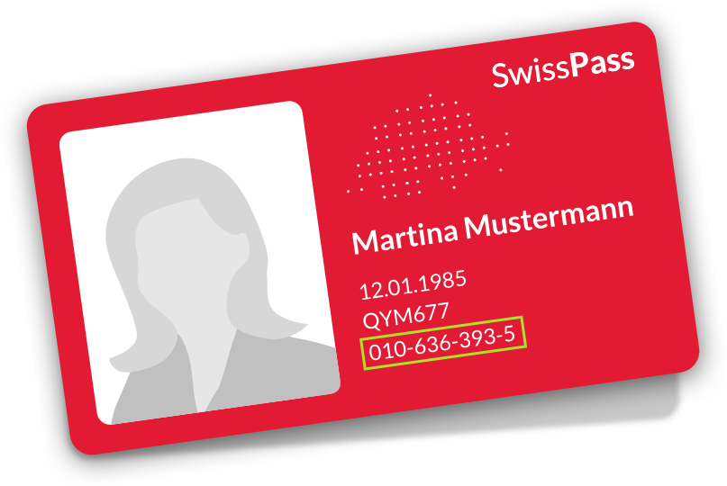 Example picture of a Swisspass. First name, surname, Swisspass number and a picture are shown on the pass.