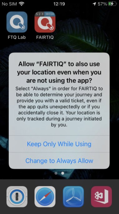 Zeigt die zweite Nachricht von iOS an, die später erscheint und nach der Erlaubnis zur Verwendung Ihres Standorts fragt. Jetzt kann 