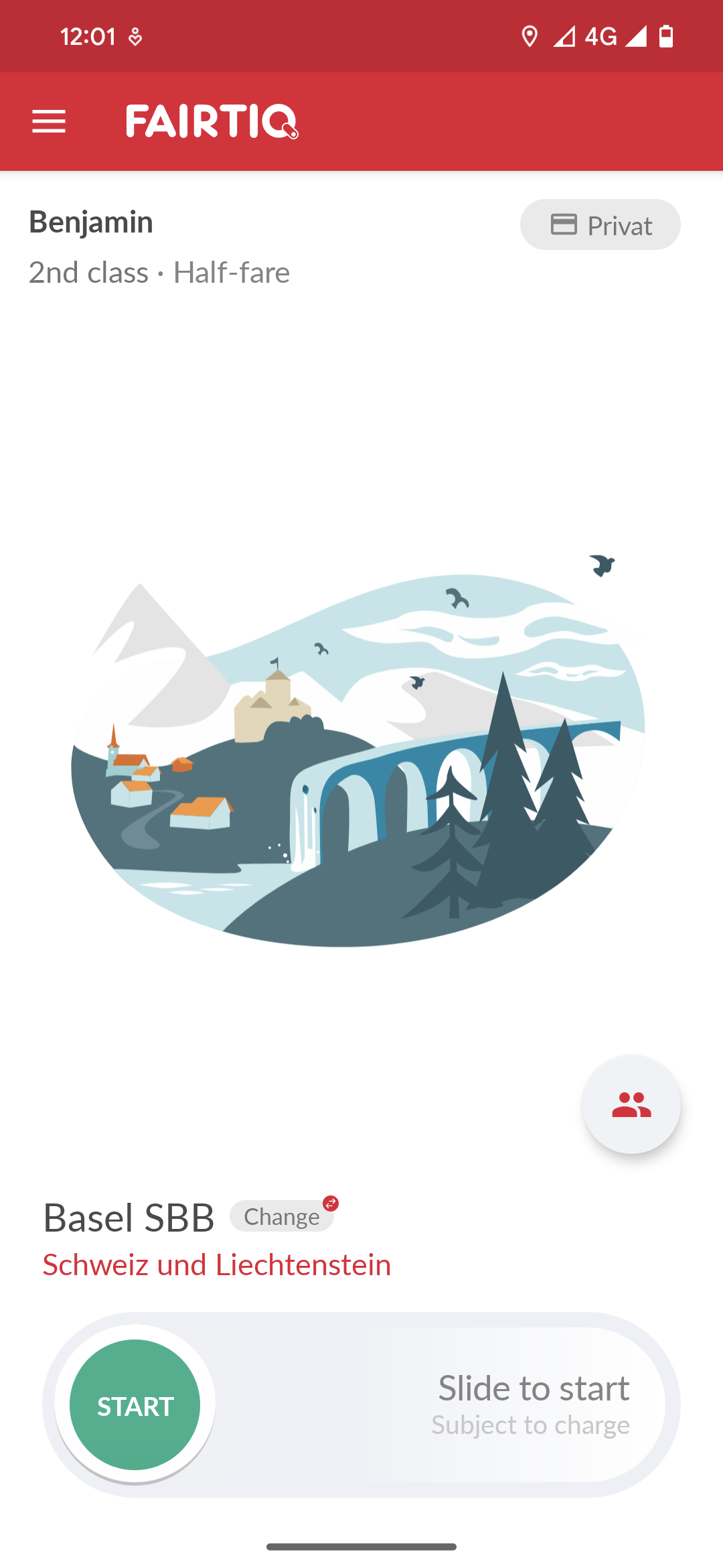 Zeigt die Hauptansicht der App, in der der Name des Bahnhofs, an dem du dich befindest, unten angezeigt wird. Links davon befindet sich ein Button zum Ändern der aktuellen Region, die direkt darunter angezeigt wird.