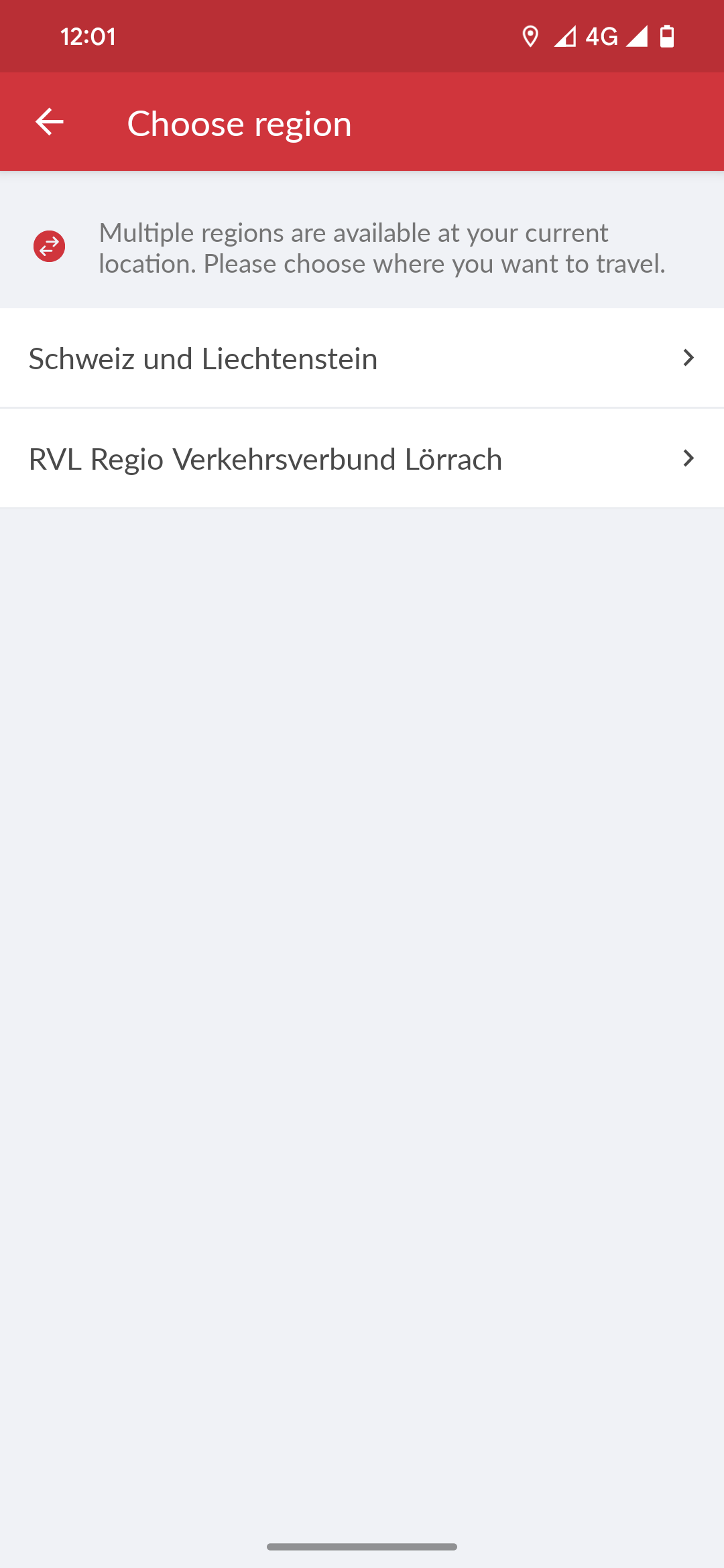 Mostra la vista per cambiare la regione dopo aver cliccato sul pulsante Cambia. Se la stazione corrente è disponibile in più regioni, ora vengono visualizzate le regioni e possono essere selezionate.